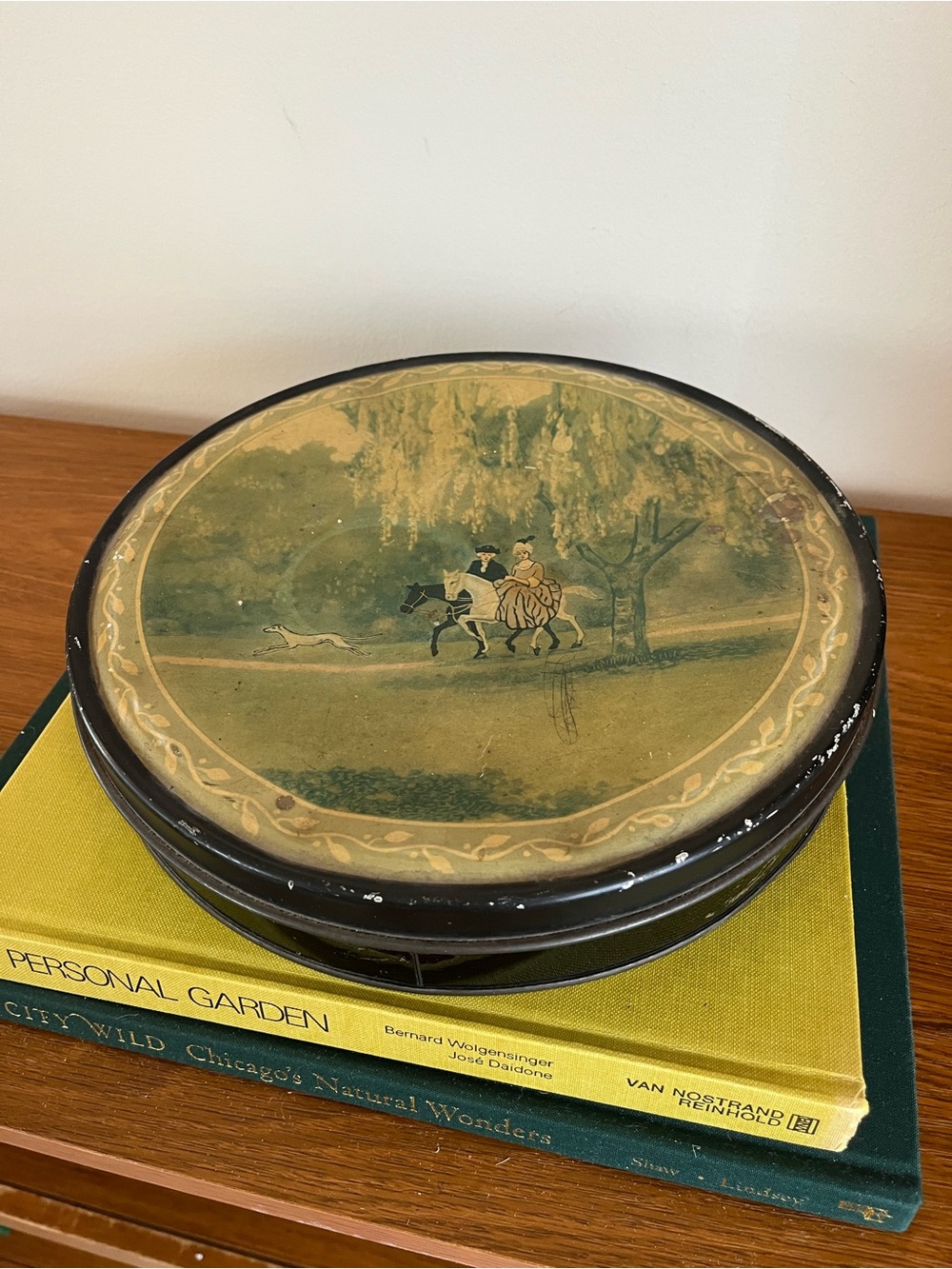 Vintage Round Tin Box with Equestrian Scene - Green and Black